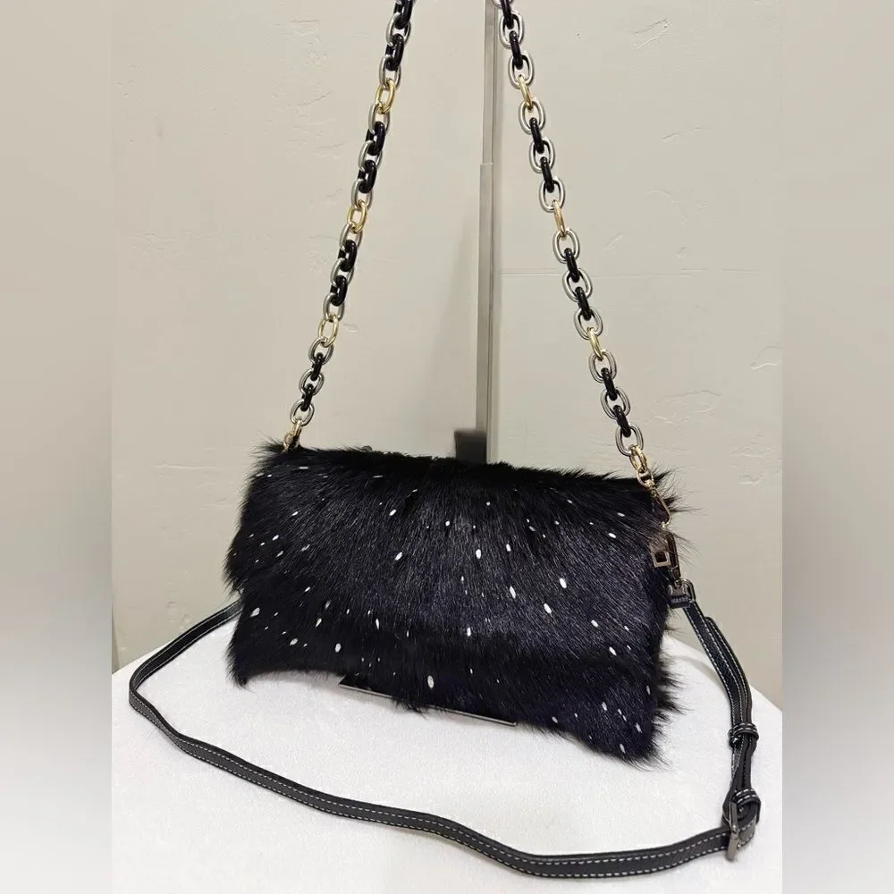 Black Real Goat Hair-on Hide Handmade Baguette Bag, 2 Straps Style